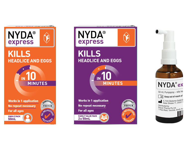 Product photos 50 ml and 100 ml NYDA® express for lice and nits